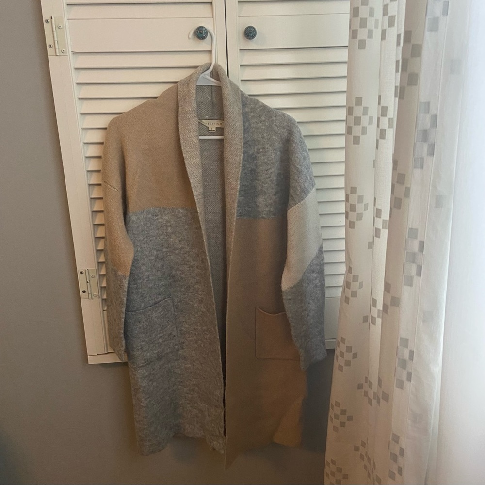Tan, Gray and Cream Color-block Cardigan Sweater Size Small
